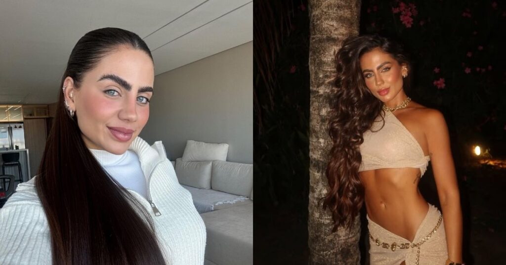 Montagem com duas fotos de mulher posando para selfie; à esquerda, ela aparece em ambiente interno com roupa clara, e à direita surge em look bege ao ar livre durante a noite