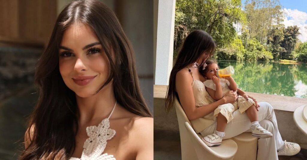 Amanda Kimberlly posa em retrato e aparece sentada com a filha Helena no colo, alimentando a criança com mamadeira em ambiente ao ar livre, cercado por natureza