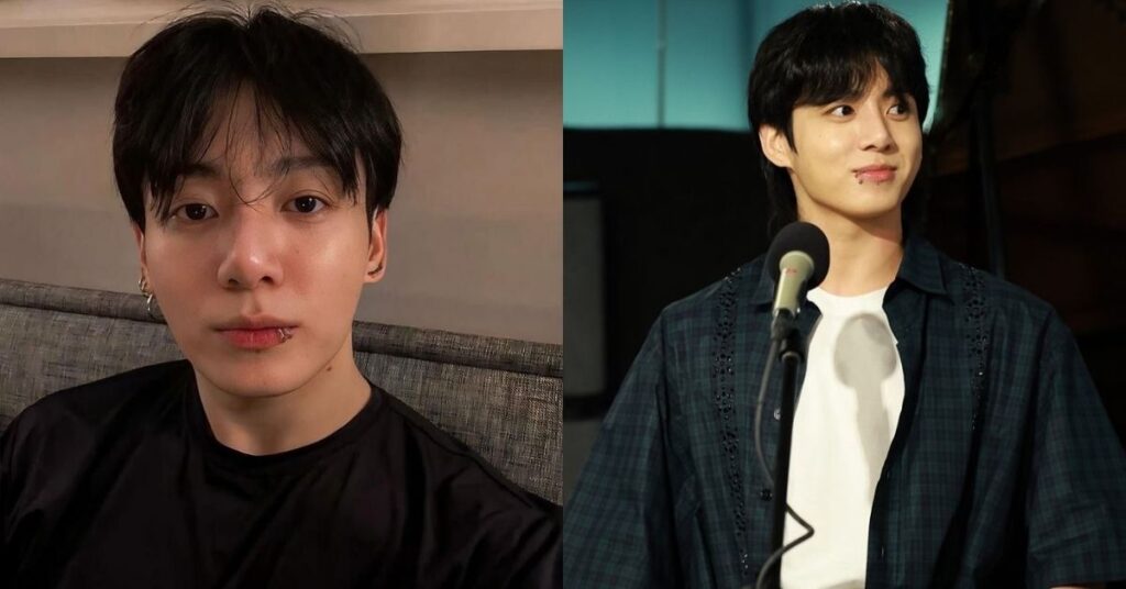 Jungkook, integrante do BTS, aparece em dois registros recentes, um em selfie e outro durante participação em evento oficial