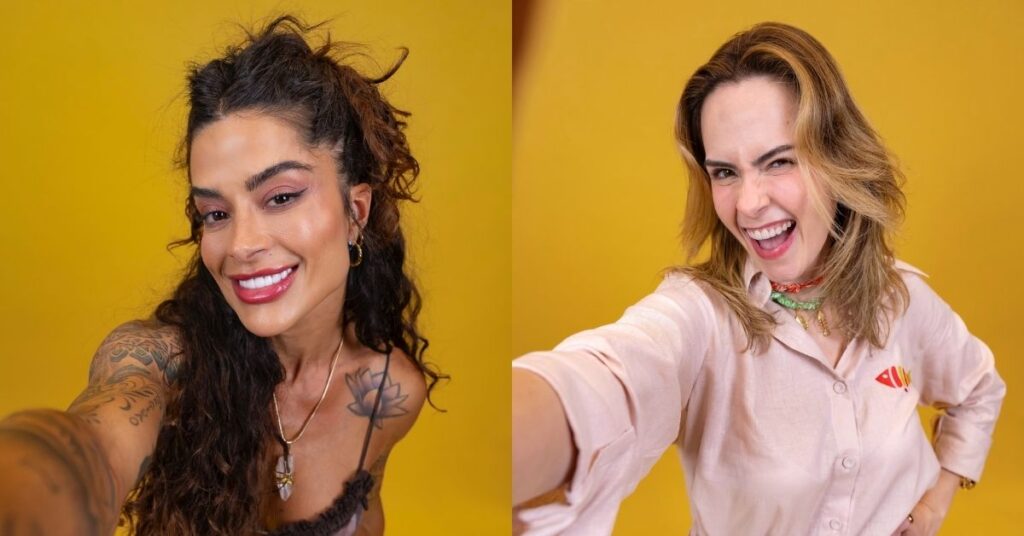 Aline e Ana Paula posam separadamente para foto promocional do BBB 26, em fundo amarelo, antes do confronto que levou as duas ao mesmo Paredão