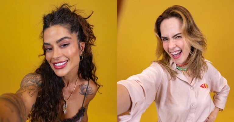 Aline e Ana Paula posam separadamente para foto promocional do BBB 26, em fundo amarelo, antes do confronto que levou as duas ao mesmo Paredão
