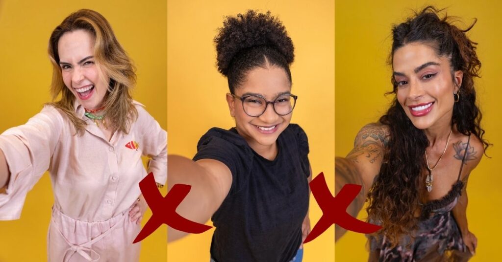 Aline Campos, Ana Paula Renault e Milena posam separadamente em montagem que representa o primeiro Paredão do BBB 26