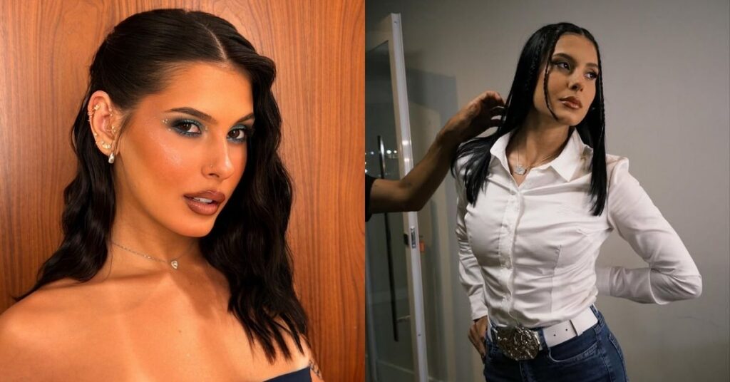 Ana Castela posa em dois registros recentes, um com maquiagem marcada e outro usando camisa branca e jeans, em fotos divulgadas nas redes sociais