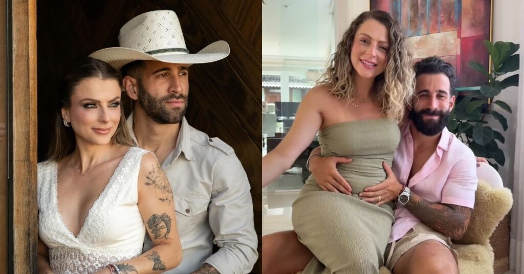 Louise Estaniecki aparece em duas fotos ao lado do marido, Luiz Zuccolo; à esquerda, o casal posa em ensaio com chapéu e vestido branco, e à direita, ela exibe a barriga da gravidez em momento íntimo em casa