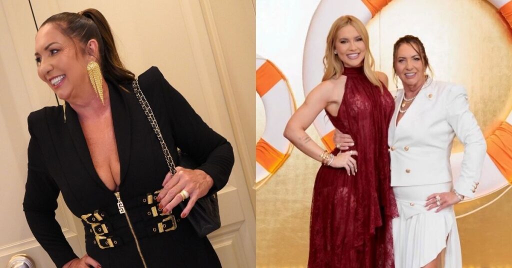 Virginia Fonseca posa ao lado da mãe, Margareth Serrão, em montagem com dois registros; em um deles, a influenciadora aparece usando vestido bordô ao lado da mãe, que veste conjunto branco elegante