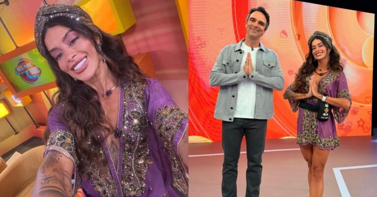 Aline Campos ao lado de Tadeu Schmidt no estúdio do BBB 26 após ser anunciada como a primeira eliminada da edição