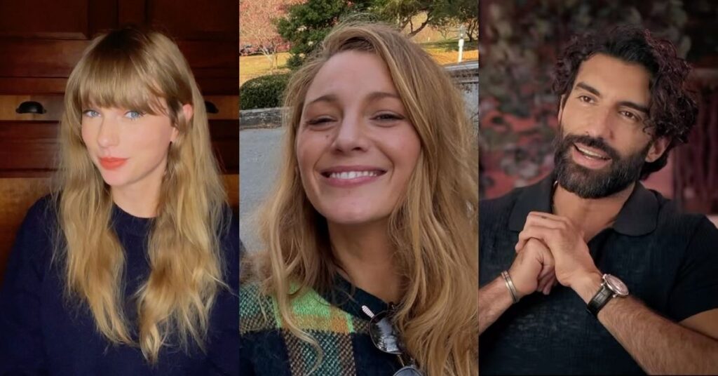 Taylor Swift, Blake Lively e Justin Baldoni aparecem em montagem com fotos individuais publicadas nas redes sociais