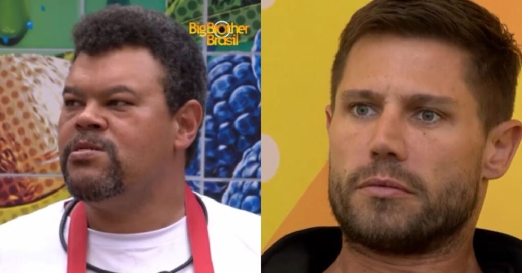 Babu Santana e Jonas Sulzbach em imagem dividida durante discussão no BBB 26, com o ator visivelmente irritado e o empresário sério após conflito na cozinha