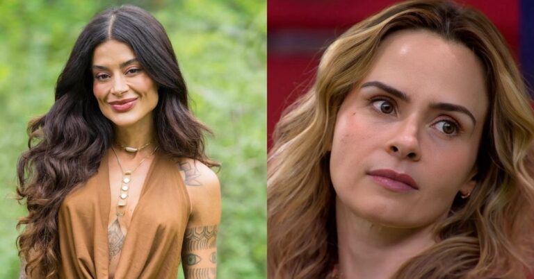 Aline Campos e Ana Paula aparecem lado a lado em montagem; à esquerda, Aline sorri ao ar livre com vegetação ao fundo, usando vestido marrom, e à direita, Ana Paula surge em close, com expressão séria, em ambiente interno.