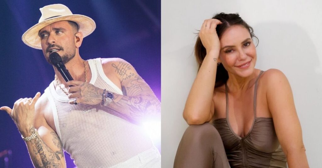Diogo Nogueira canta em show usando chapéu claro enquanto Paolla Oliveira posa sorrindo em retrato, em montagem que reúne imagens individuais dos artistas