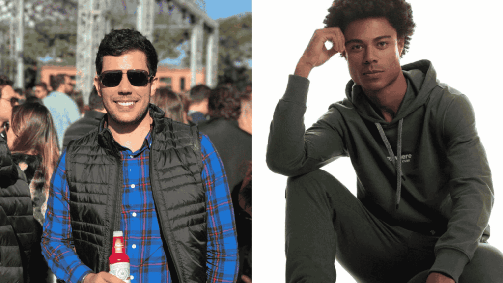 Desistência muda o jogo no BBB 26: Breno assume vaga no grupo Pipoca; saiba mais Montagem com dois homens em ambientes distintos, um em evento ao ar livre segurando bebida e outro em ensaio fotográfico, ilustrando especulações e notícias relacionadas ao BBB.