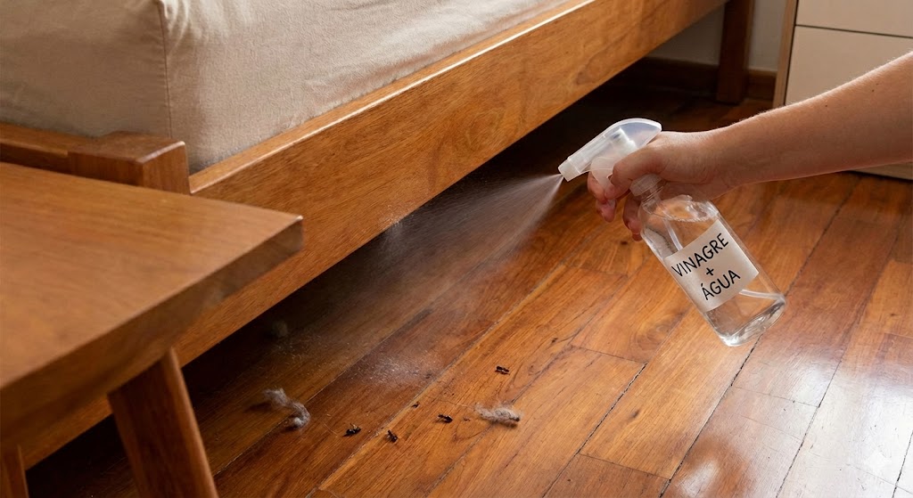 Por que borrifar vinagre embaixo da cama virou um hábito comum nas casas Mão borrifando solução de água e vinagre no chão de madeira e embaixo da cama para limpeza e controle de insetos, com pequenos resíduos visíveis no piso.