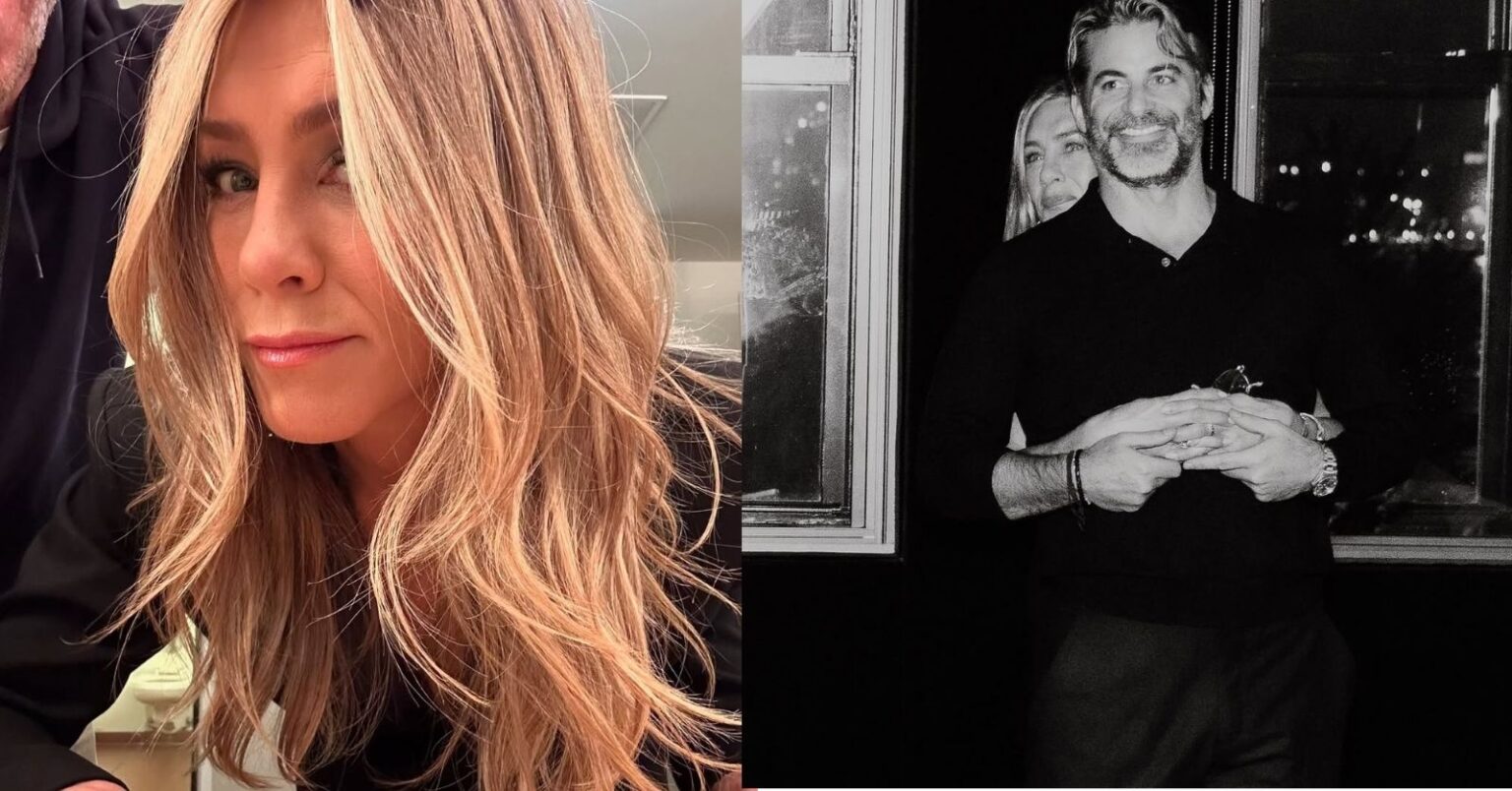 Jennifer Aniston em selfie e Jim Curtis em foto em preto e branco durante especulações sobre o relacionamento