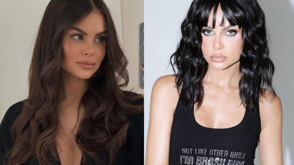 Retrato lado a lado de Amanda Kimberlly com dois visuais diferentes: à esquerda, cabelo longo castanho com ondas suaves; à direita, cabelo preto ondulado na altura dos ombros com franja, usando blusa preta.