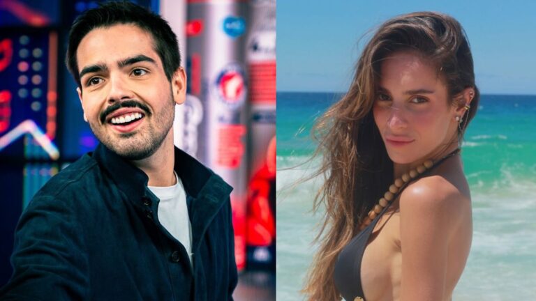 Montagem com duas imagens: à esquerda, João Silva sorri em estúdio de TV com cenário iluminado ao fundo; à direita, Aninha Nóbrega posa de biquíni preto em praia de água azul, olhando para a câmera.