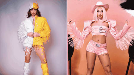 Anitta e Pabllo Vittar em montagem com figurinos diferentes usados em ensaios fotográficos
