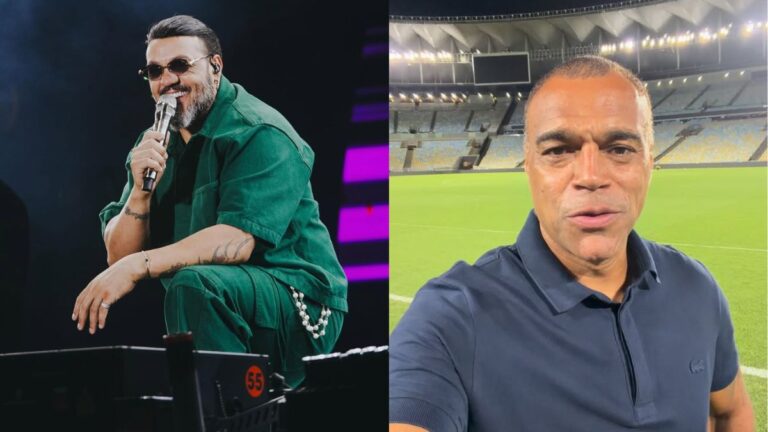 Belo é acionado por advogado após disputa judicial com Denilson; entenda Cantor Belo se apresenta no palco com microfone e óculos escuros, enquanto Denilson aparece em selfie dentro de um estádio de futebol vazio ao fundo.