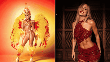 ‘Já chorei’: Bruna Griphao recebe apoio do namorado antes de desfilar pelo Salgueiro Bruna Griphao com fantasia do Salgueiro e em look vermelho antes do desfile.