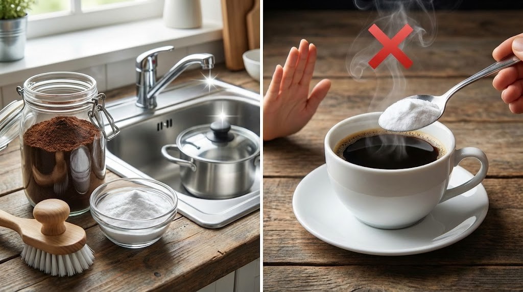 Misturar café com bicarbonato: para que serve e quando evitar Café com bicarbonato ao lado de utensílios de limpeza na cozinha