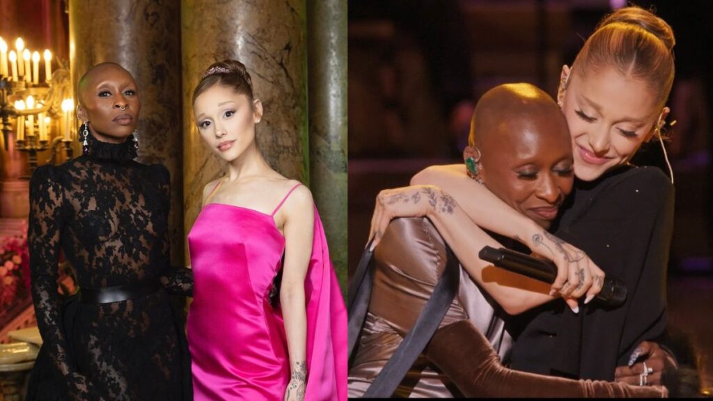 Cynthia Erivo e Ariana Grande posam juntas em evento elegante e aparecem abraçadas em momento emocionante durante apresentação no palco.