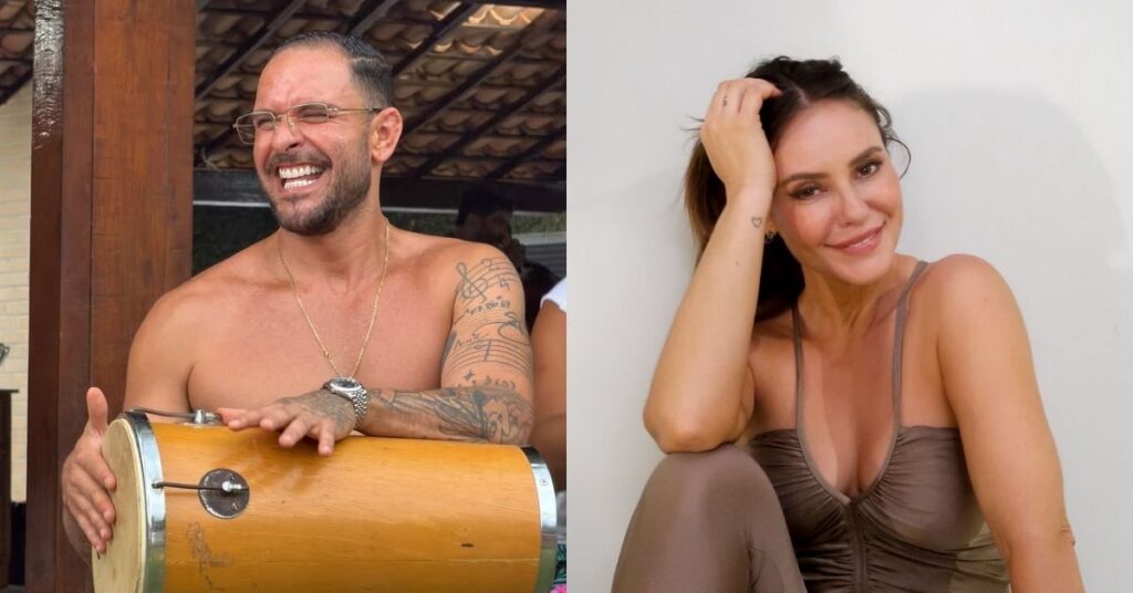 Diogo Nogueira nega reconciliação com Paolla; entenda Diogo Nogueira tocando instrumento e Paolla Oliveira posando em ensaio fotográfico