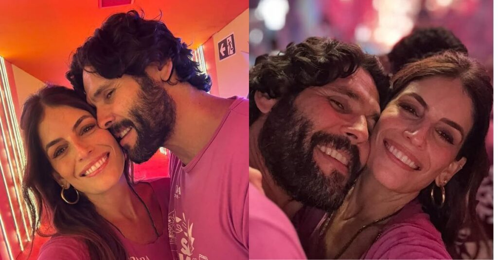 Dudu Azevedo reata com Fernanda Mader após cinco anos separados Dudu Azevedo e Fernanda Mader sorrindo em selfie com iluminação rosada, rostos próximos em ambiente interno.