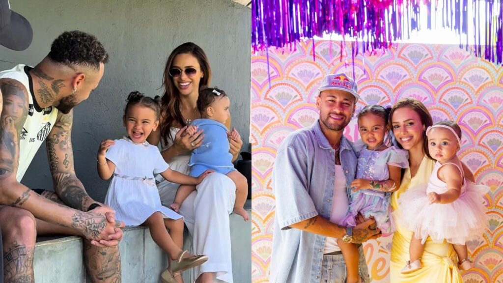 : Neymar, Bruna Biancardi e as filhas Mavie e Mel aparecem em duas fotos em família. À esquerda, eles estão sentados ao ar livre; Neymar conversa sorrindo com a filha mais velha enquanto Bruna segura a bebê no colo. À direita, o casal posa diante de um painel colorido de festa, cada um segurando uma das meninas, todos sorrindo para a câmera.