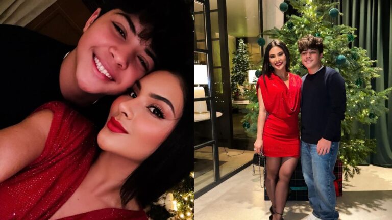 Filho de Mileide Mihaile aparece sorrindo ao lado da mãe em duas fotos: em um close selfie e em um registro de corpo inteiro diante de uma árvore de Natal decorada.