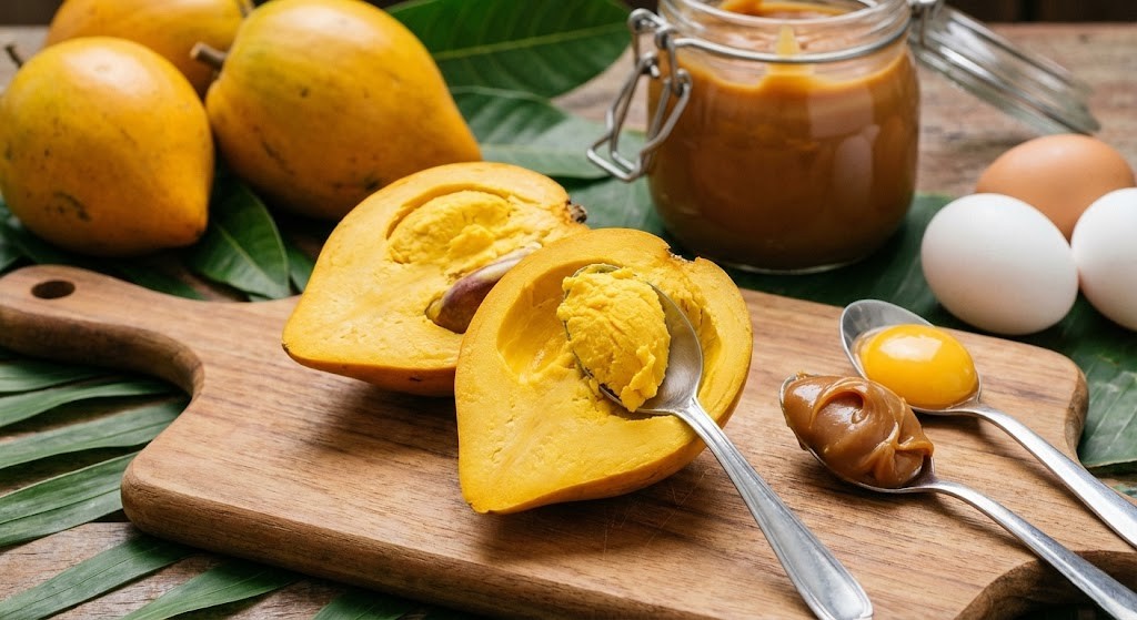 Fruta de ouro cortada ao meio sobre tábua de madeira