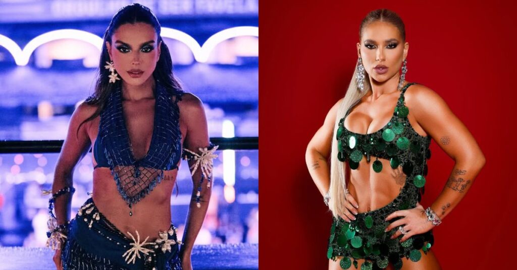 Montagem com Gi Lancellotti e Virginia, mulheres de cabelos longos, usando looks brilhantes e recortados, posando em fundo iluminado e vermelho.