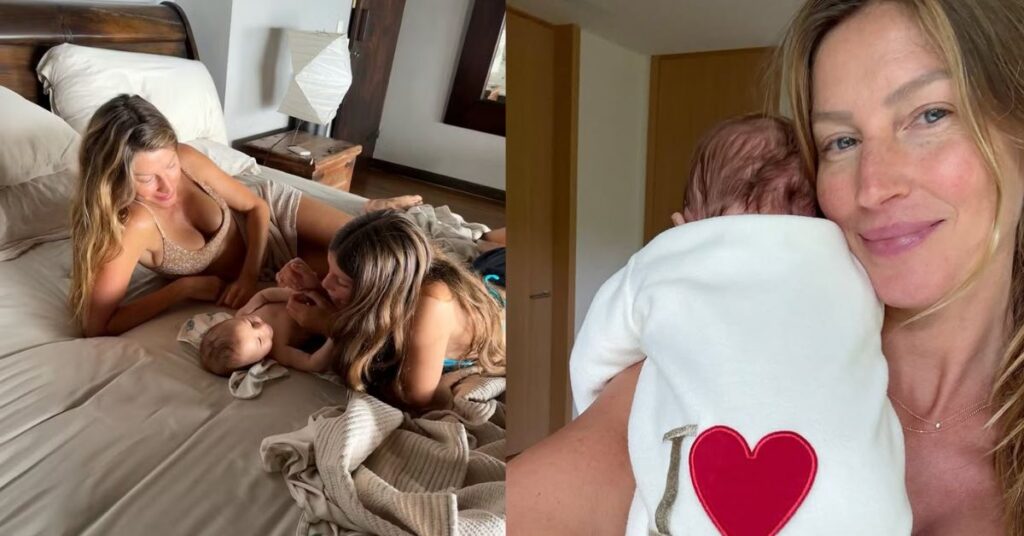 Gisele Bündchen com bebê no colo e emm momento íntimo em família sobre a cama.