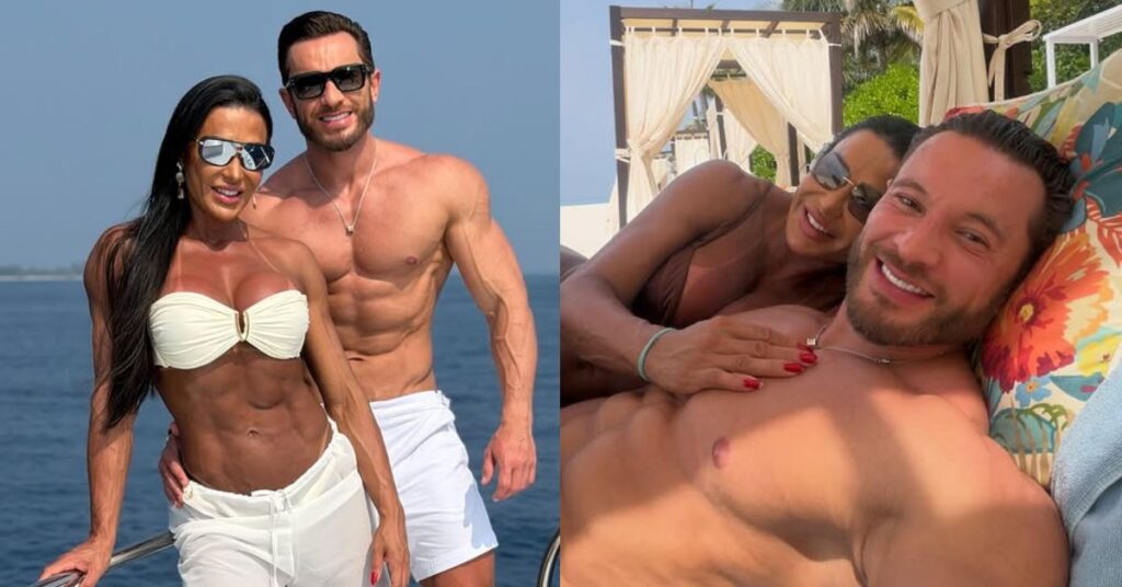 Gracyanne Barbosa e Gabriel Cardoso posa em barco; em outra foto, relaxa abraçado em espreguiçadeira à beira-mar.