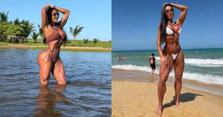 Gracyanne Barbosa inicia remoção de tatuagem íntima dedicada a Belo; veja Gracyanne Barbosa, mulher musculosa, posa de biquíni em água rasa e na areia da praia, com mar ao fundo e céu azul.