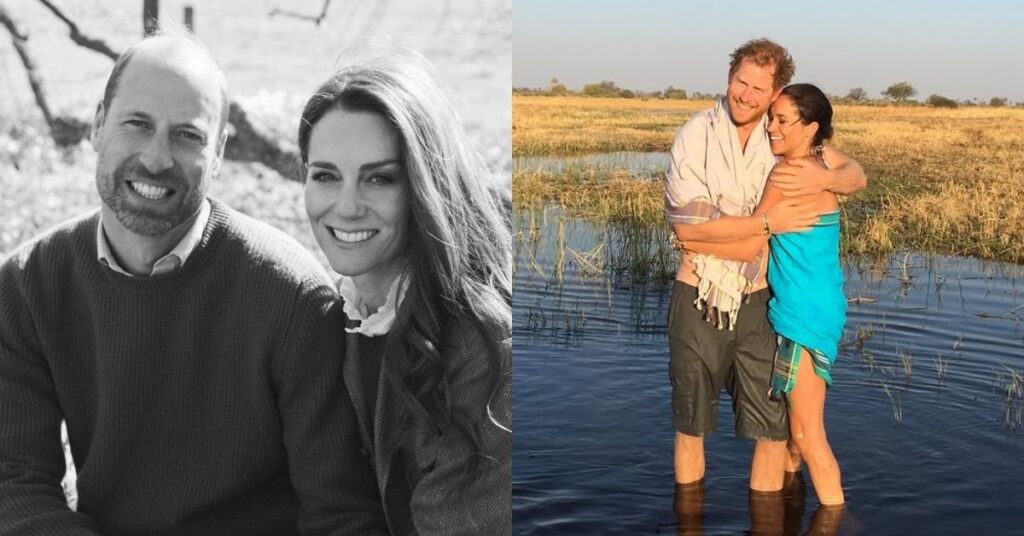 Kate Middleton e Príncipe William em foto oficial ao lado de imagem de Harry com Meghan Markle durante viagem