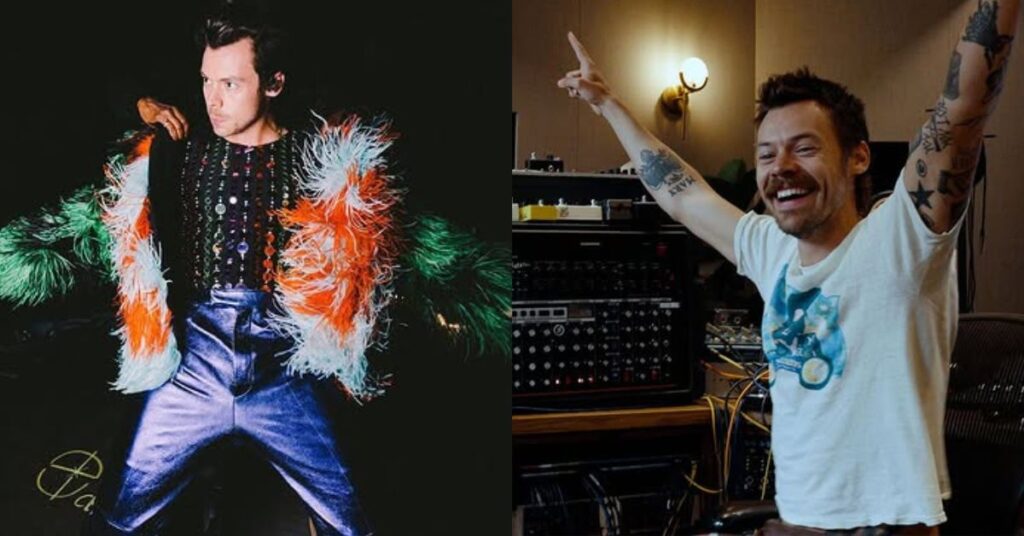 Montagem com Harry Styles em figurino colorido no palco e em estúdio com braços erguidos.