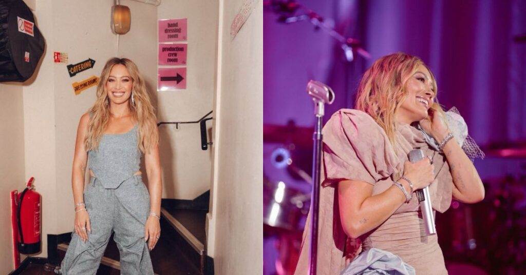 Hilary Duff sorri nos bastidores e se apresenta no palco com microfone em mãos.