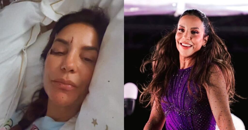 Montagem mostra Ivete Sangalo deitada em cama hospitalar e a mesma artista sorrindo no palco com vestido roxo brilhante.