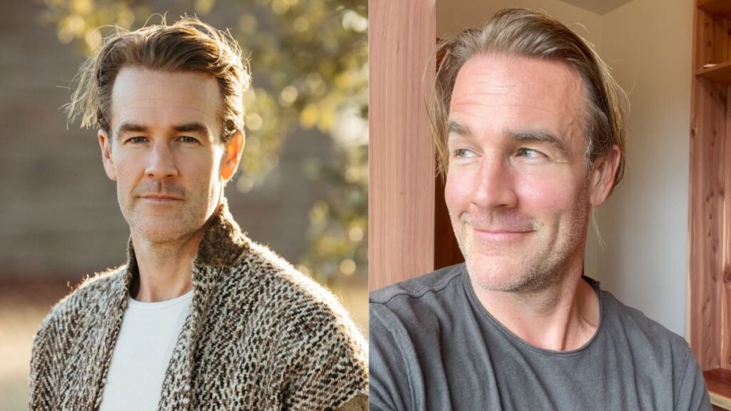 Retrato do ator James Van Der Beek em duas imagens lado a lado, uma ao ar livre com casaco de tricô e outra em ambiente interno usando camiseta cinza, com expressão serena.
