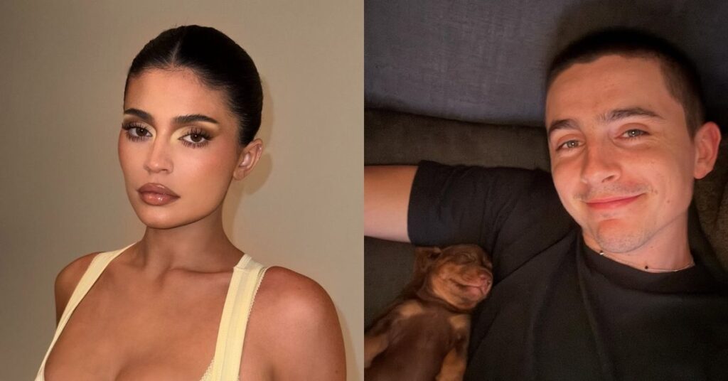 Kylie Jenner e Timothée Chalamet fecham pizzaria para encontro em Los Angeles; veja detalhes Kylie Jenner em retrato de estúdio e Timothée Chalamet deitado com cachorro em foto compartilhada nas redes sociais