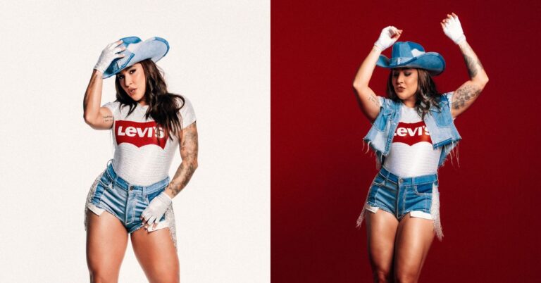 Lauana Prado revela sexo e nome do 1º filho após FIV; saiba mais Lauana Prado com chapéu azul e look jeans da Levi’s posa diante de fundo branco e vermelho.