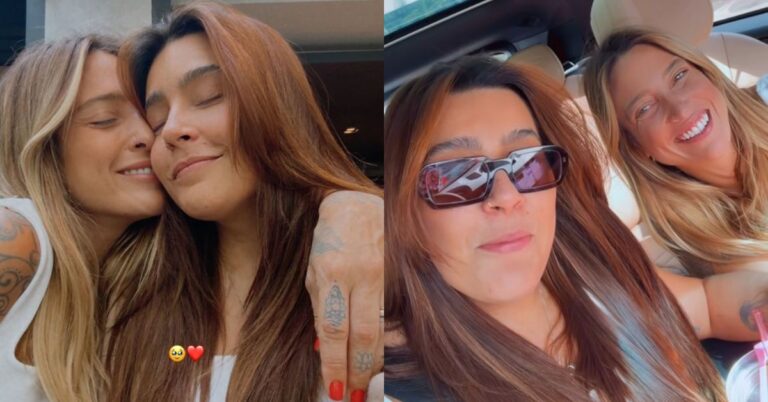 Lauana Prado e Tati Dias reatam três semanas após fim do noivado; saiba mais Lauana Prado e Tati Dias sorrindo em fotos casuais, uma em abraço próximo e outra em selfie dentro do carro, em clima de carinho.
