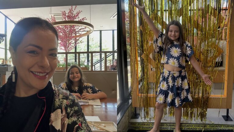 Após perda do marido, Li Martins revela novo sentido do Carnaval Mãe e filha aparecem juntas em dois momentos: à esquerda, Li Martins sorri durante um encontro em restaurante enquanto a menina está sentada à mesa; à direita, a criança posa de braços abertos diante de uma cortina dourada decorativa