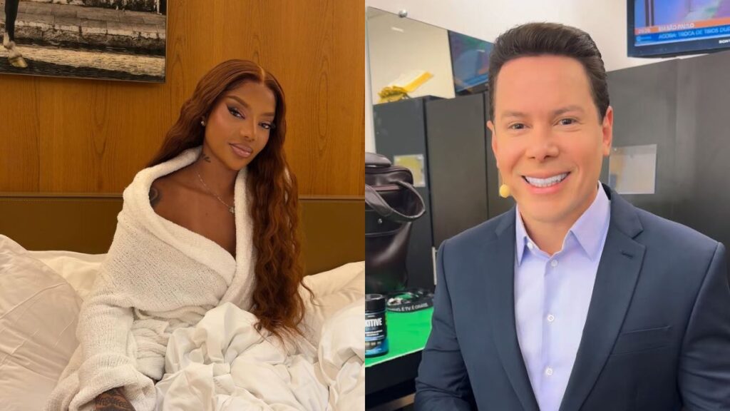 À esquerda está Ludmilla, cantora brasileira, sentada sobre uma cama, usando roupão branco e com cabelos longos ondulados. À direita está Marcão do Povo, apresentador de TV brasileiro, vestindo terno escuro e camisa clara, sorrindo em um ambiente que parece ser estúdio ou camarim.