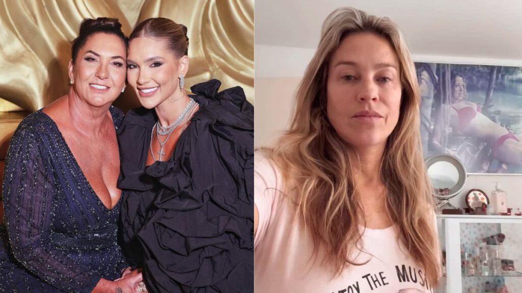Mãe de Virginia sai em defesa da filha após crítica de Luana Piovani; confira Montagem mostra Margareth Serrão ao lado da filha Virginia Fonseca em evento social e, à direita, a atriz Luana Piovani falando em vídeo nas redes sociais.