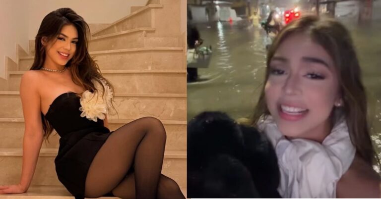 Montagem mostra Melody em foto produzida e, ao lado, em vídeo durante alagamento que a fez abandonar o carro na Zona Norte do Rio