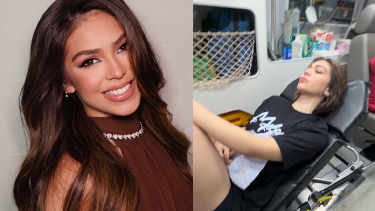 Montagem com duas imagens de Melody: à esquerda, ela sorri em retrato com cabelo longo castanho e vestido marrom; à direita, aparece deitada em maca dentro de uma ambulância, vestindo camiseta preta.