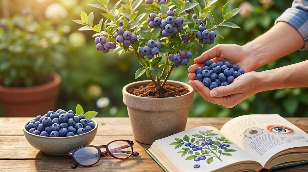 Mirtilo cultivado em vaso com frutos maduros sendo colhidos à mão em ambiente iluminado
