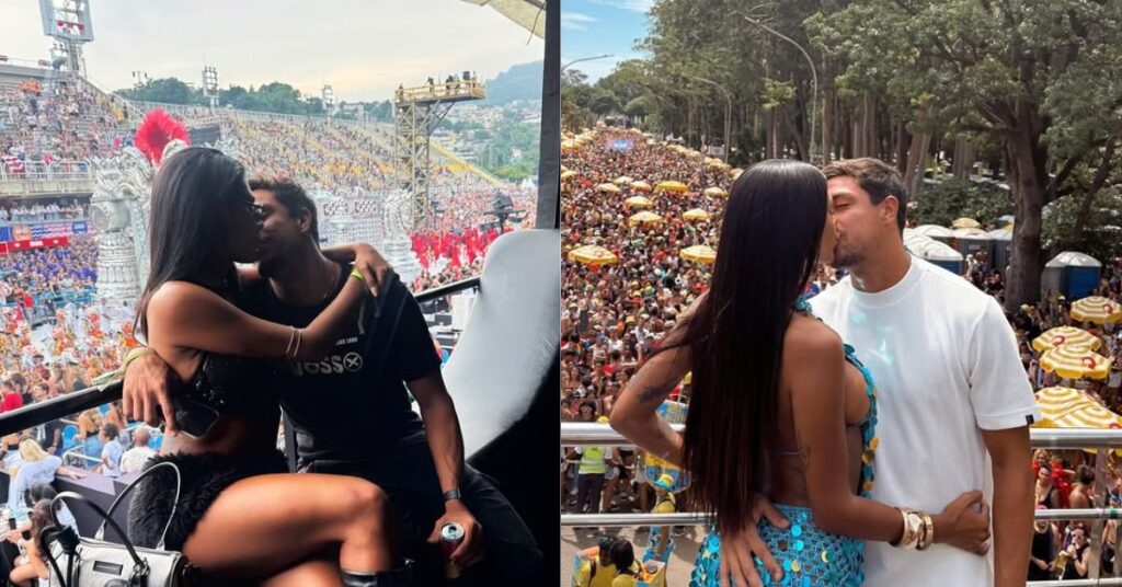 Pocah e Arthur Pelagio se beijam em camarote durante carnaval. Segunda imagem mostra casal se beijando com multidão e desfiles ao fundo em avenida lotada.