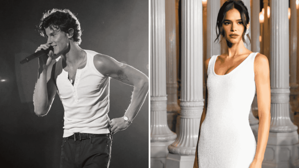 Shawn Mendes deixa o Brasil após temporada com Bruna Marquezine; saiba mais Montagem com Shawn Mendes em show e Bruna Marquezine em evento.