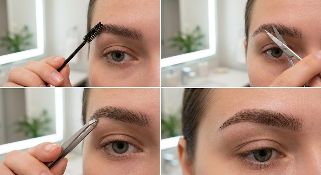 Sobrancelhas perfeitas sem sair de casa com técnica simples Sobrancelhas perfeitas sendo modeladas com escovinha, tesoura e pinça em passo a passo detalhado